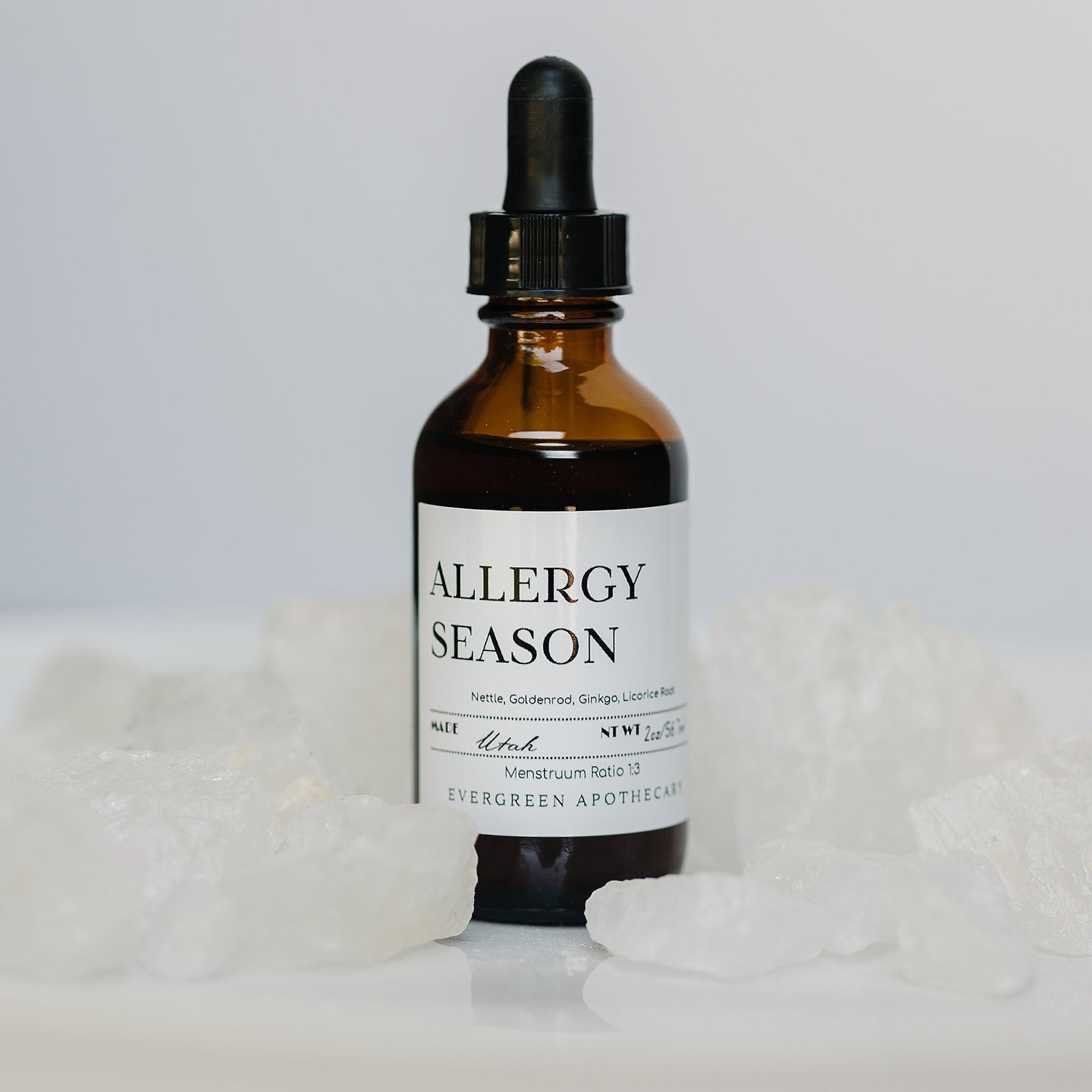 Evergreen Apothecary Allergy Season tincture bottle with label, natural remedy for allergy relief in a clear glass bottle