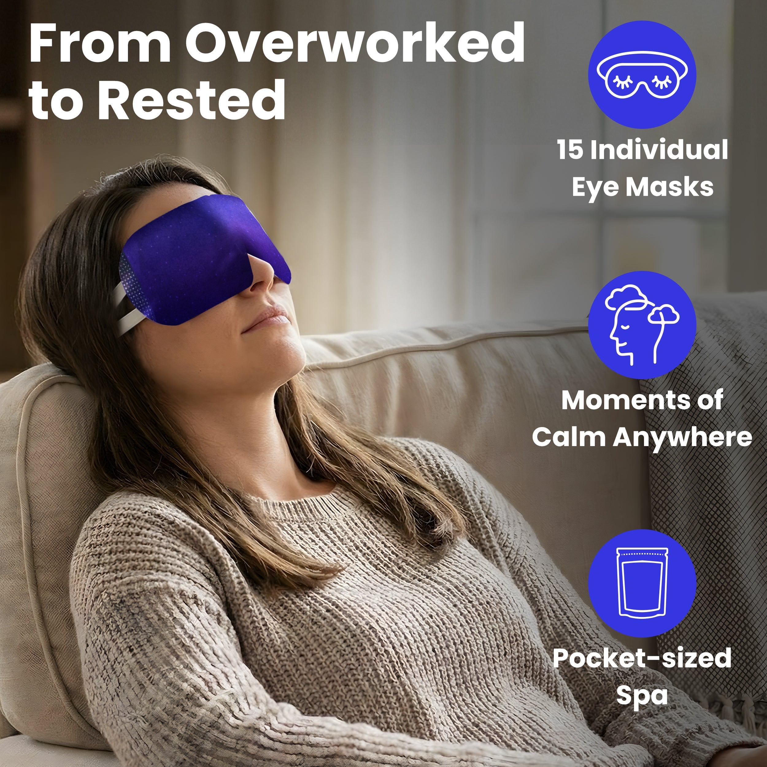 Lure Essentials Eye Serenity steam eye mask for dry eyes, puffiness, and relaxation, shown worn over closed eyes in a calming setting.