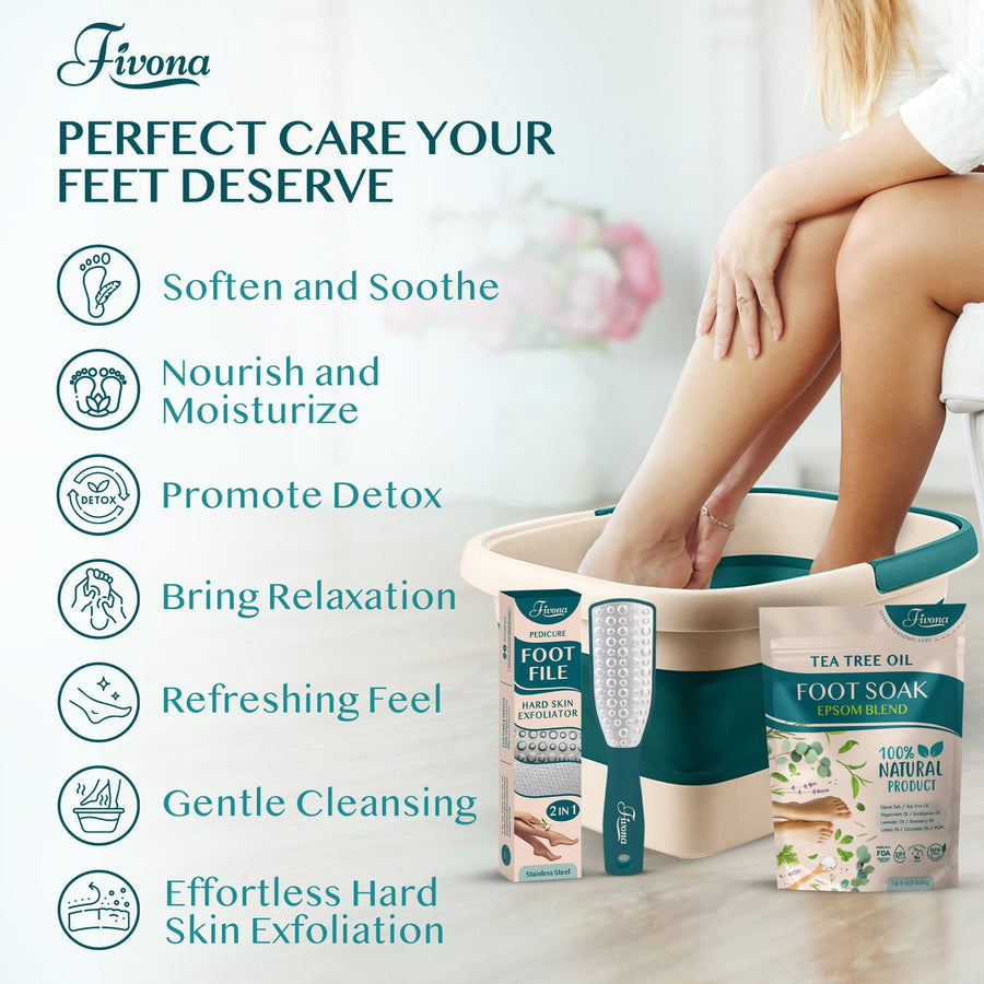 Fivona.com 3-in-1 Foot Care Kit with foot soak, scrub, and moisturizer for healthy, refreshed feet.