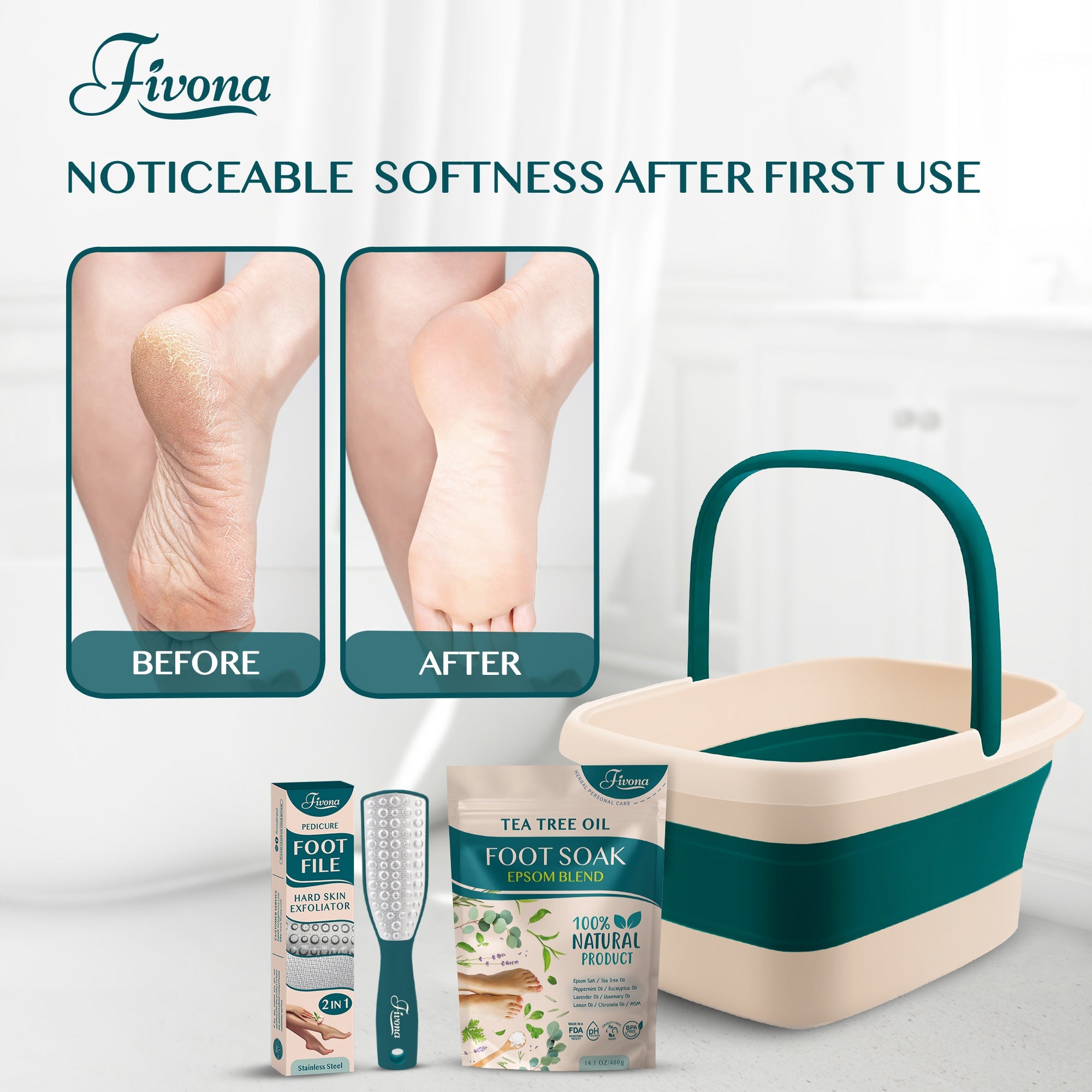 Fivona.com foot care kit 3-in-1 with foot soak, pumice stone, and moisturizer for foot cleansing and relaxation.