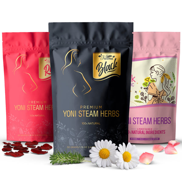 Set of 3 Fivona premium yoni steam herbal blends for personal care, featuring natural herbal ingredients in resealable pouches.