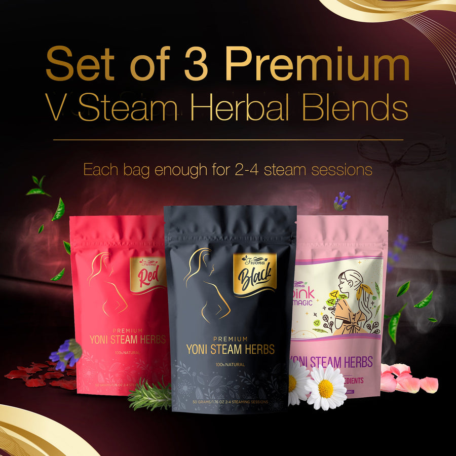 Set of 3 Fivona.com premium Yoni steam herbal blends for personal care, featuring colorful herbal sachets in a natural setting.