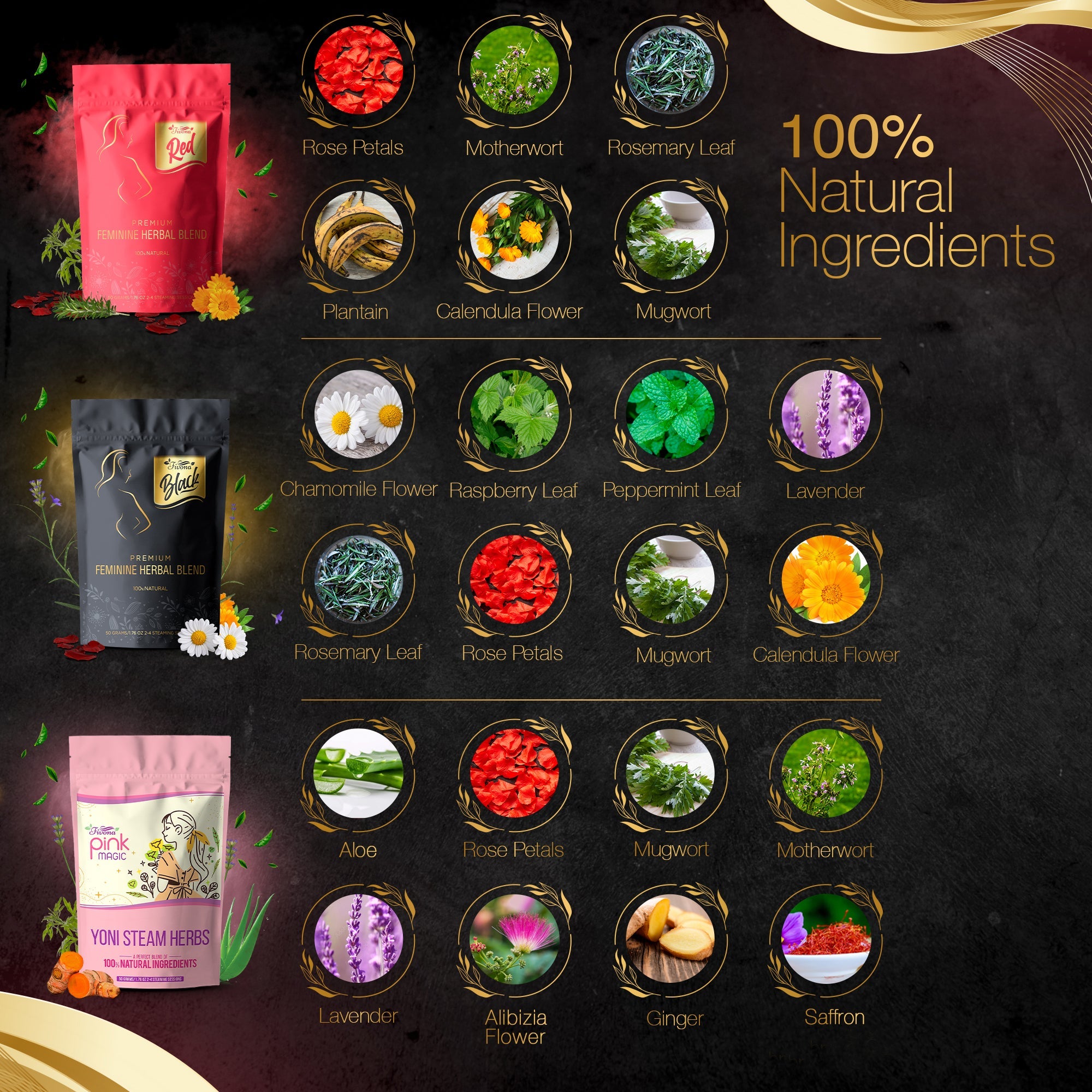 Set of 3 Fivona.com premium yoni steam herbal blends for personal care, featuring colorful herbal sachets in a natural setting.