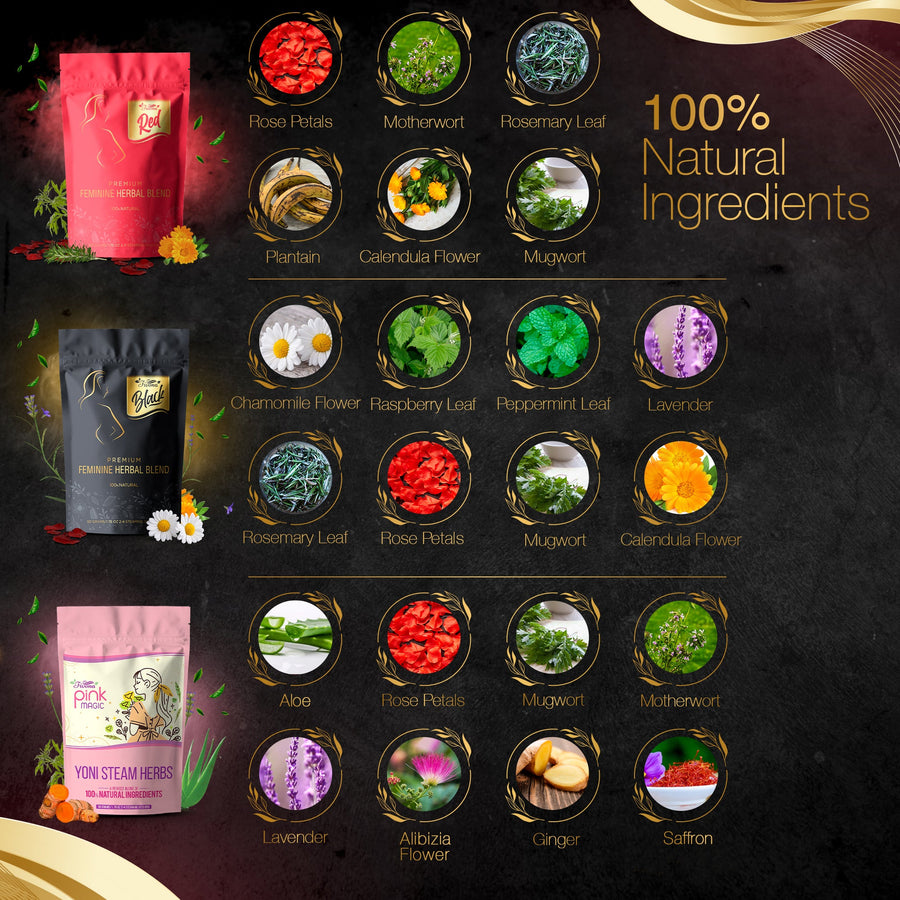 Set of 3 Fivona.com premium yoni steam herbal blends for personal care, featuring colorful herbal sachets in a natural setting.