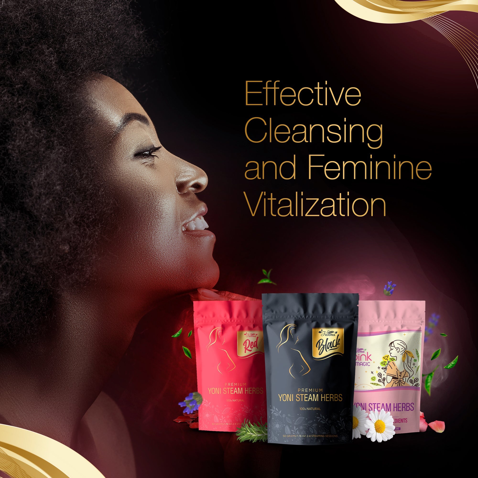 Set of 3 Fivona premium yoni steam herbal blends for personal care, featuring natural herbal ingredients in resealable pouches.