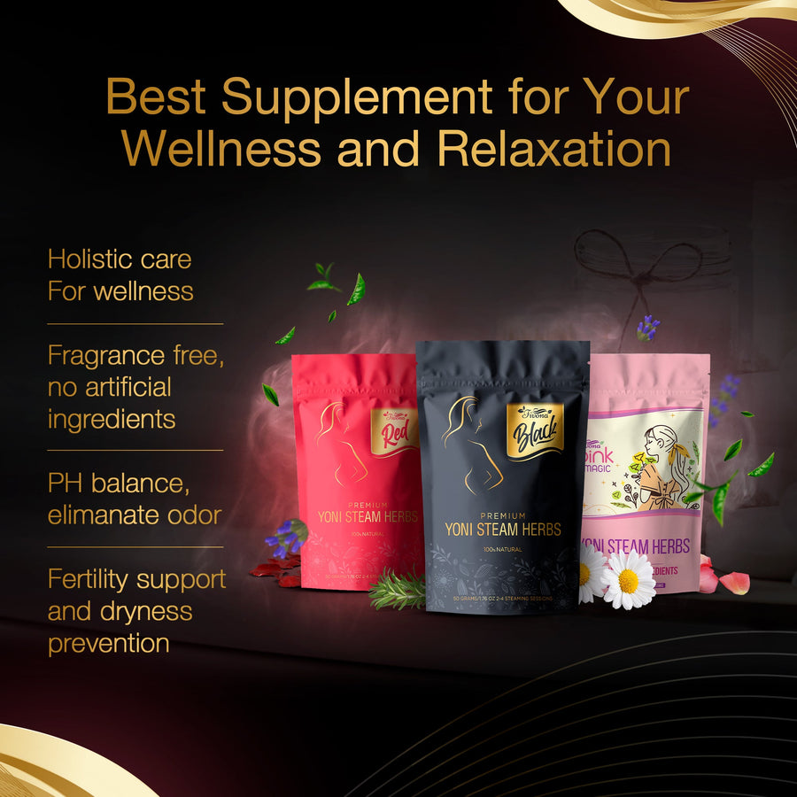 Set of 3 Fivona.com premium yoni steam herbal blends for personal care, displayed in glass jars with herbal ingredients.