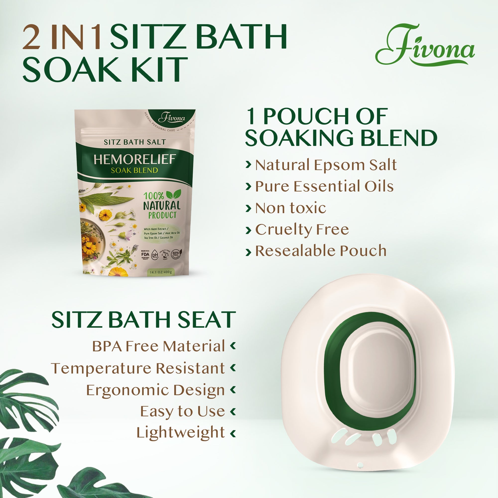 Fivona.com 2-in-1 Hemorelief Sitz Bath Soak Kit with soothing bath salts and applicator for hemorrhoid relief.