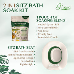 Fivona.com 2-in-1 Hemorelief Sitz Bath Soak Kit with soothing bath salts and applicator for hemorrhoid relief.