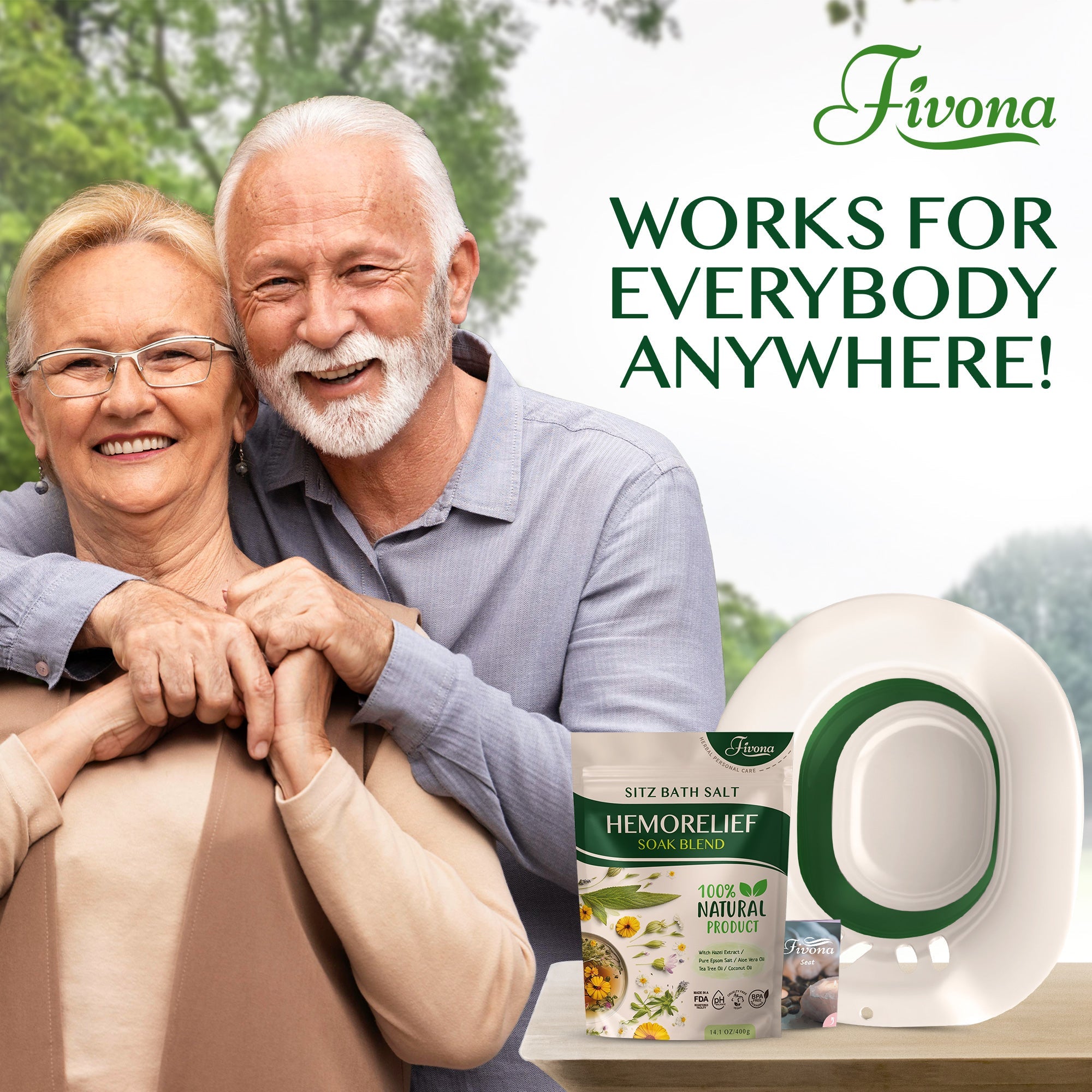 Fivona.com 2-in-1 Hemorelief Sitz Bath Soak Kit with soothing soak ingredients for comfort and relief.