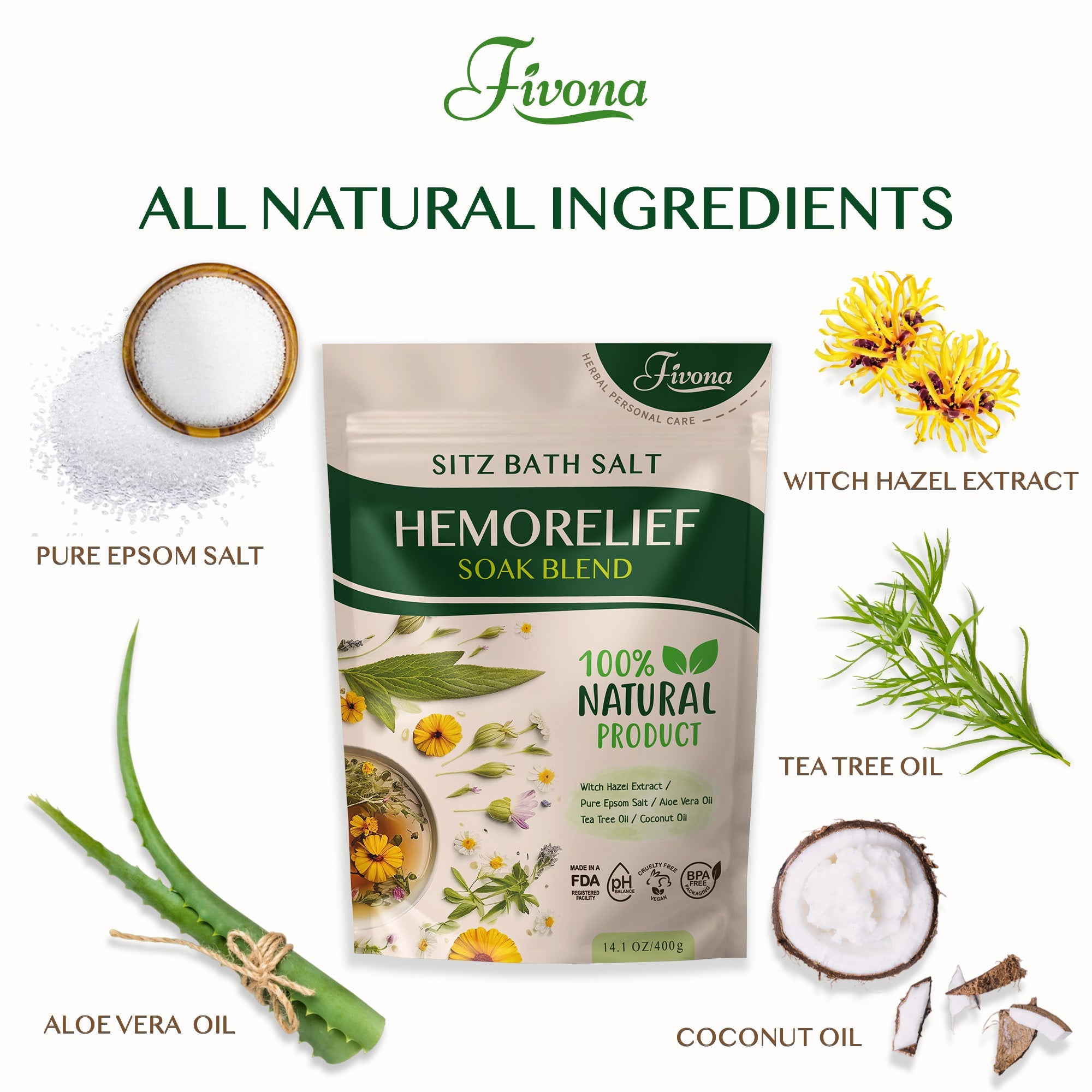 Fivona.com 2-in-1 Hemorelief Sitz Bath Soak Kit with basin and soothing soak ingredients for comfort and relief.