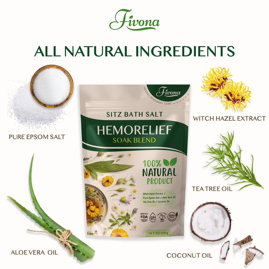 Fivona.com 2-in-1 Hemorelief Sitz Bath Soak Kit with basin and soothing soak ingredients for comfort and relief.