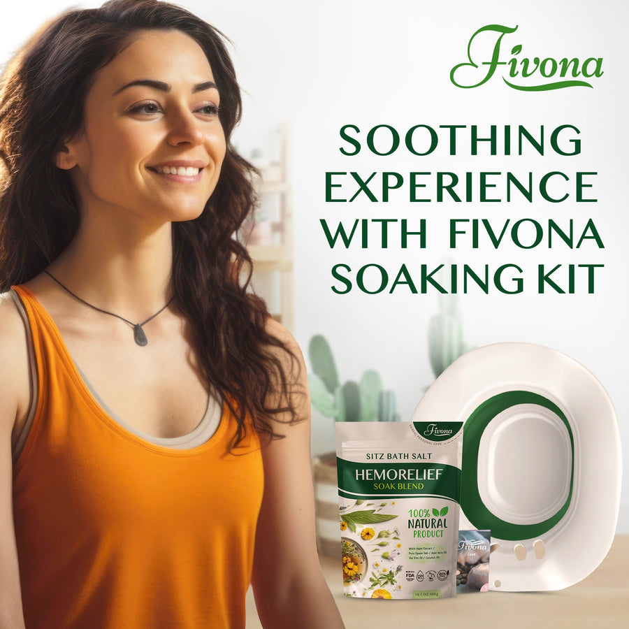 Fivona.com 2-in-1 Hemorelief Sitz Bath Soak Kit with herbal soak ingredients and applicator for soothing hemorrhoid relief.