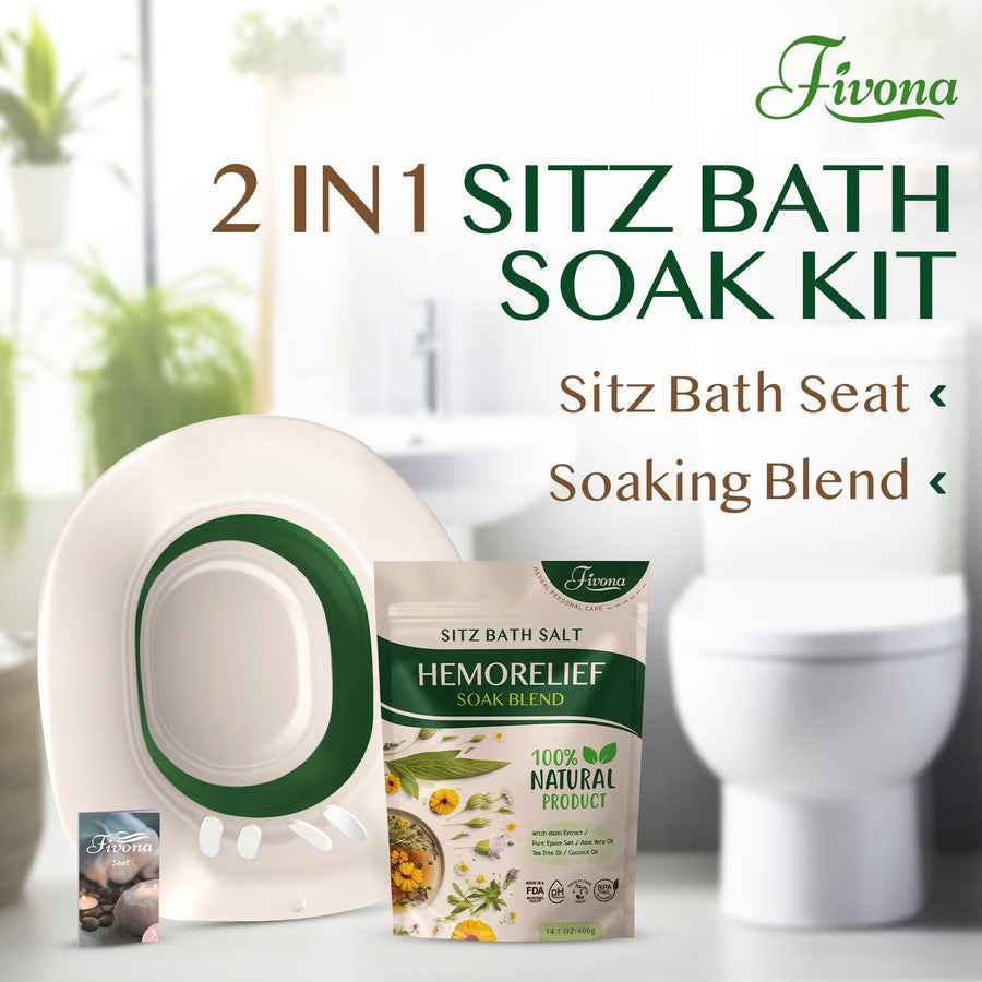 Fivona.com 2-in-1 Hemorelief Sitz Bath Soak Kit with herbal soak bags and basin for soothing hemorrhoid relief.