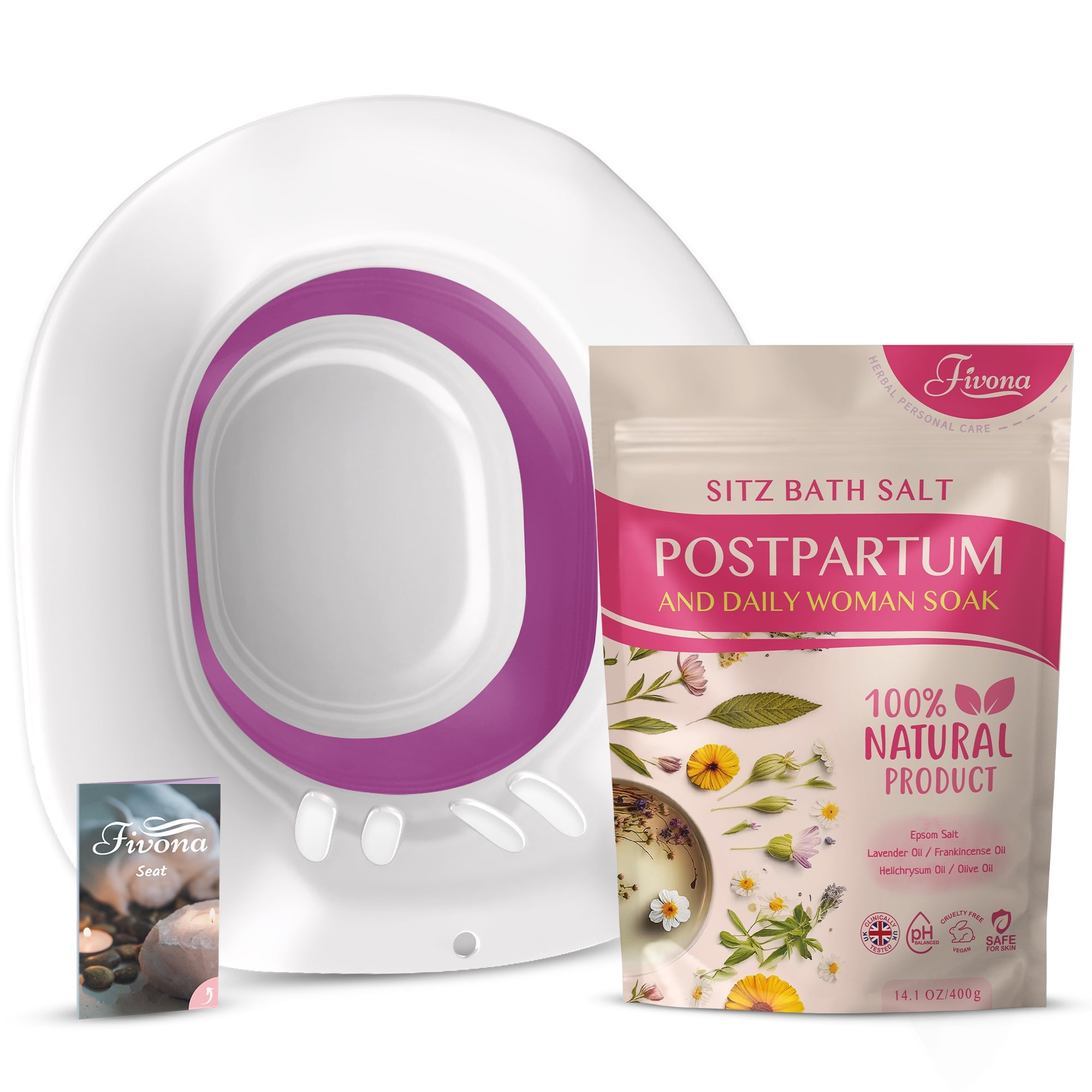 2-in-1 Sitz bath soak kit for postpartum care, featuring soothing herbal soak bags and bath ingredients in a clear container.