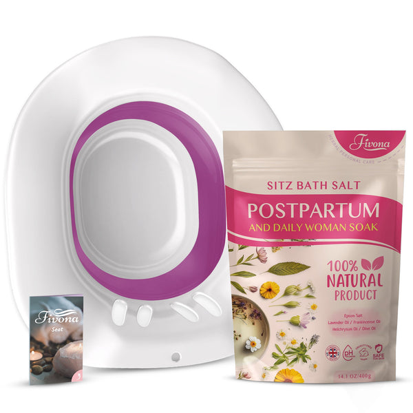 2-in-1 Sitz bath soak kit for postpartum care, featuring soothing herbal soak bags and bath ingredients in a clear container.