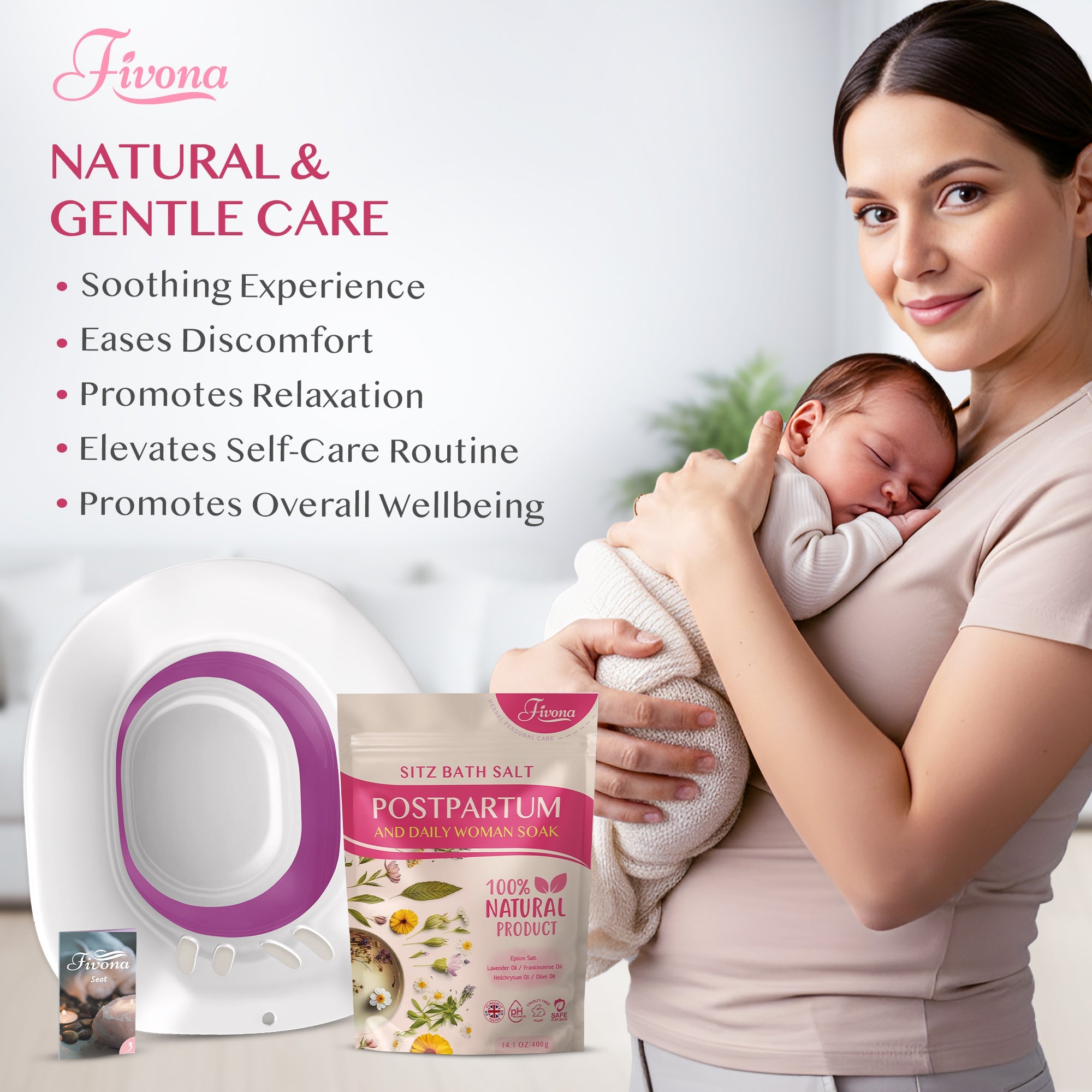 Fivona 2-in-1 Sitz Bath Soak Kit for postpartum care, including herbal soak ingredients and soothing bath supplies.