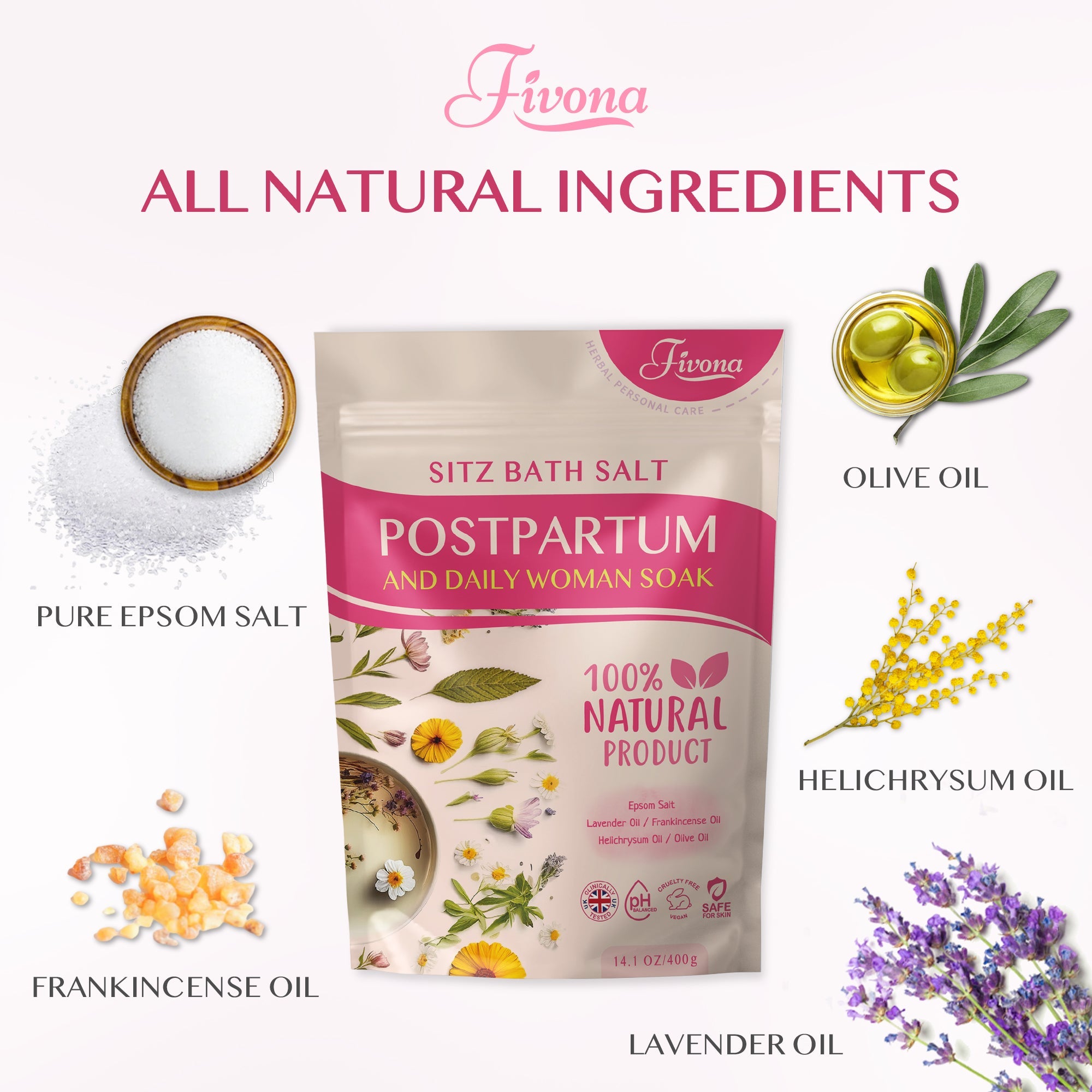 Fivona 2-in-1 Sitz Bath Soak Kit for postpartum care, including bath salts and accessories for soothing relief.