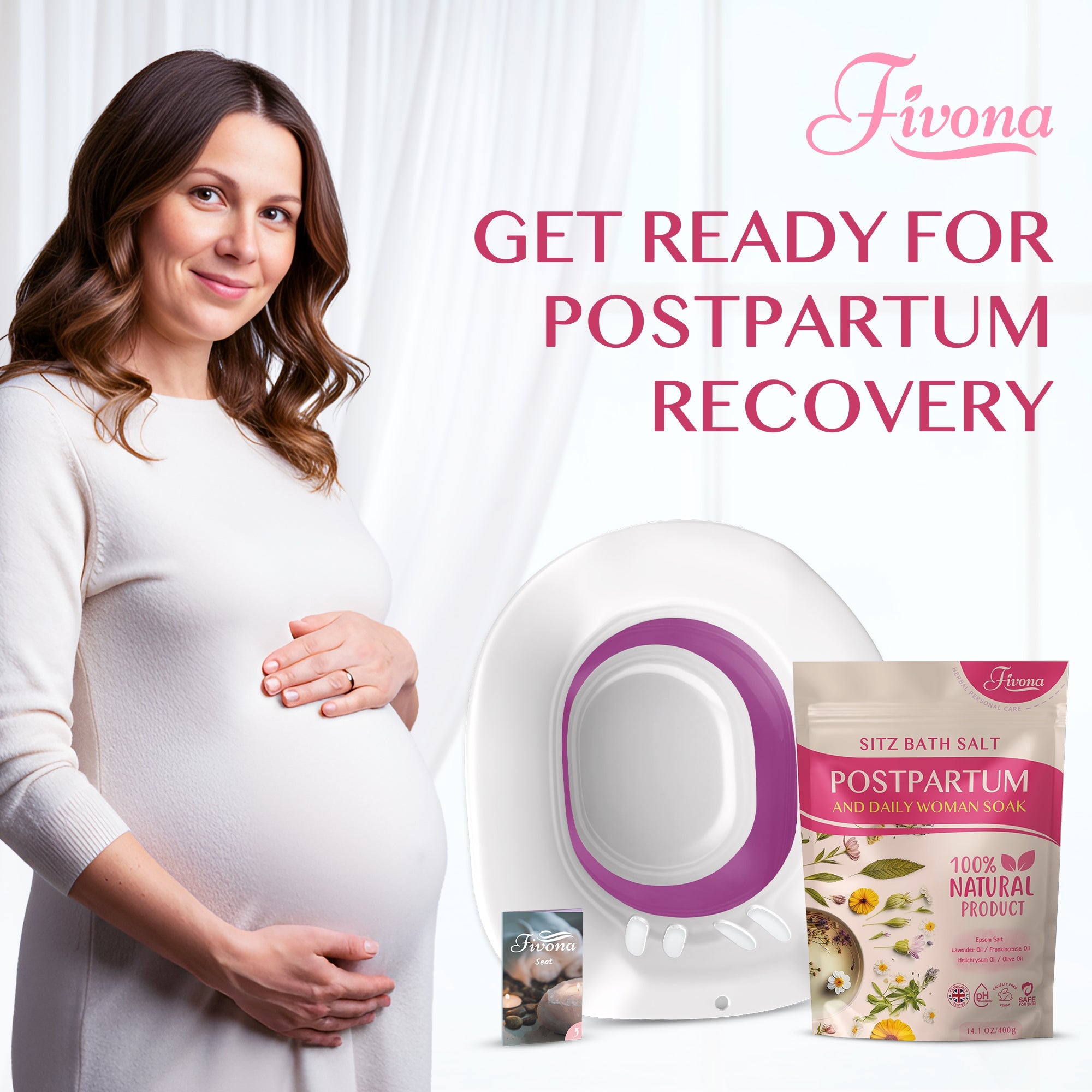 Fivona 2-in-1 Sitz Bath Soak Kit for postpartum care, with soothing bath salts and herbal blend for comfort and recovery.