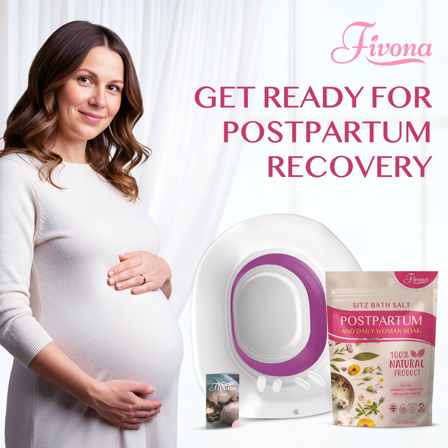 Fivona 2-in-1 Sitz Bath Soak Kit for postpartum care, with soothing bath salts and herbal blend for comfort and recovery.