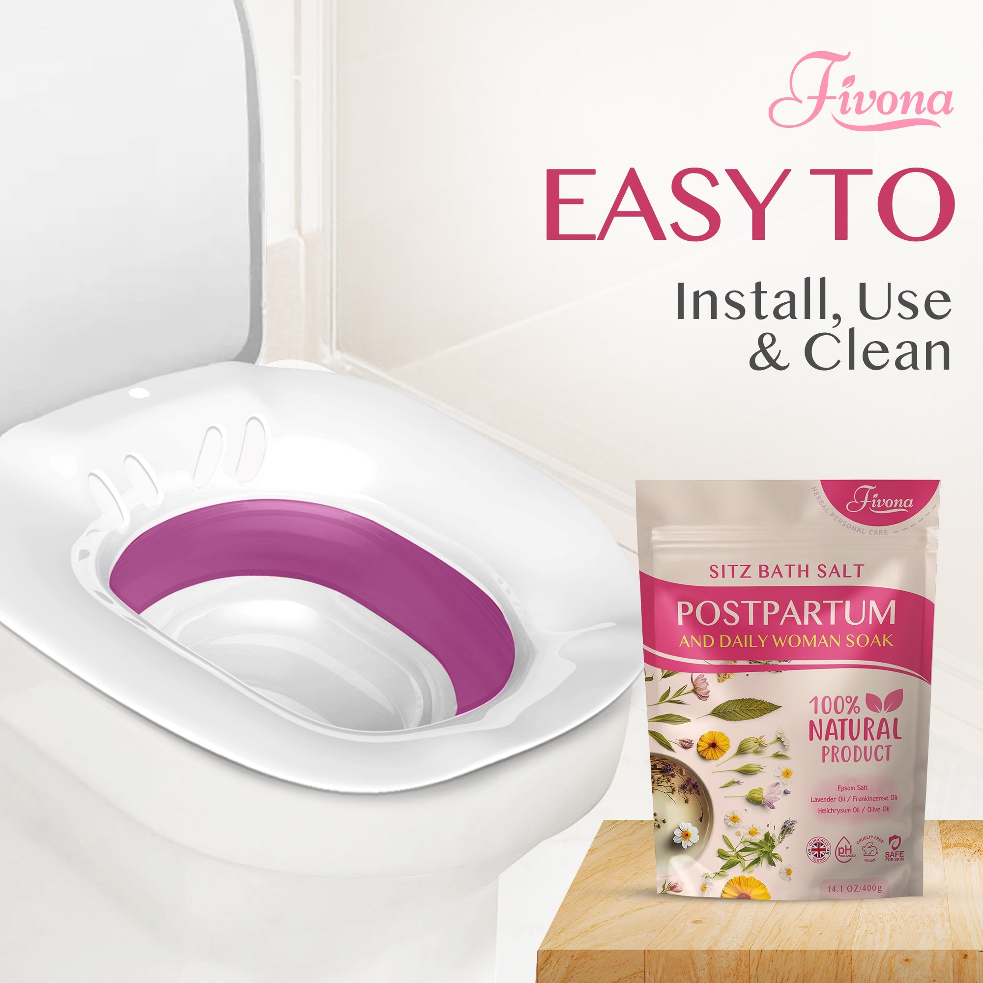 Fivona.com 2-in-1 Sitz Bath Soak Kit for postpartum care with herbal soak bags and soothing bath accessories.