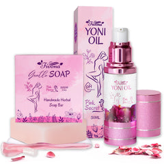 Fivona.com 2-in-1 Yoni Oil and Soap Bar set, natural feminine care products with soothing ingredients and elegant packaging.