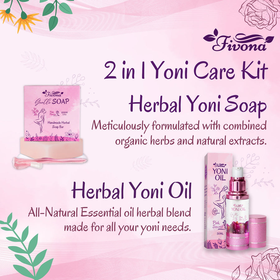 Fivona.com 2-in-1 set with natural yoni oil and soap bar, gentle feminine skincare products for intimate hygiene.