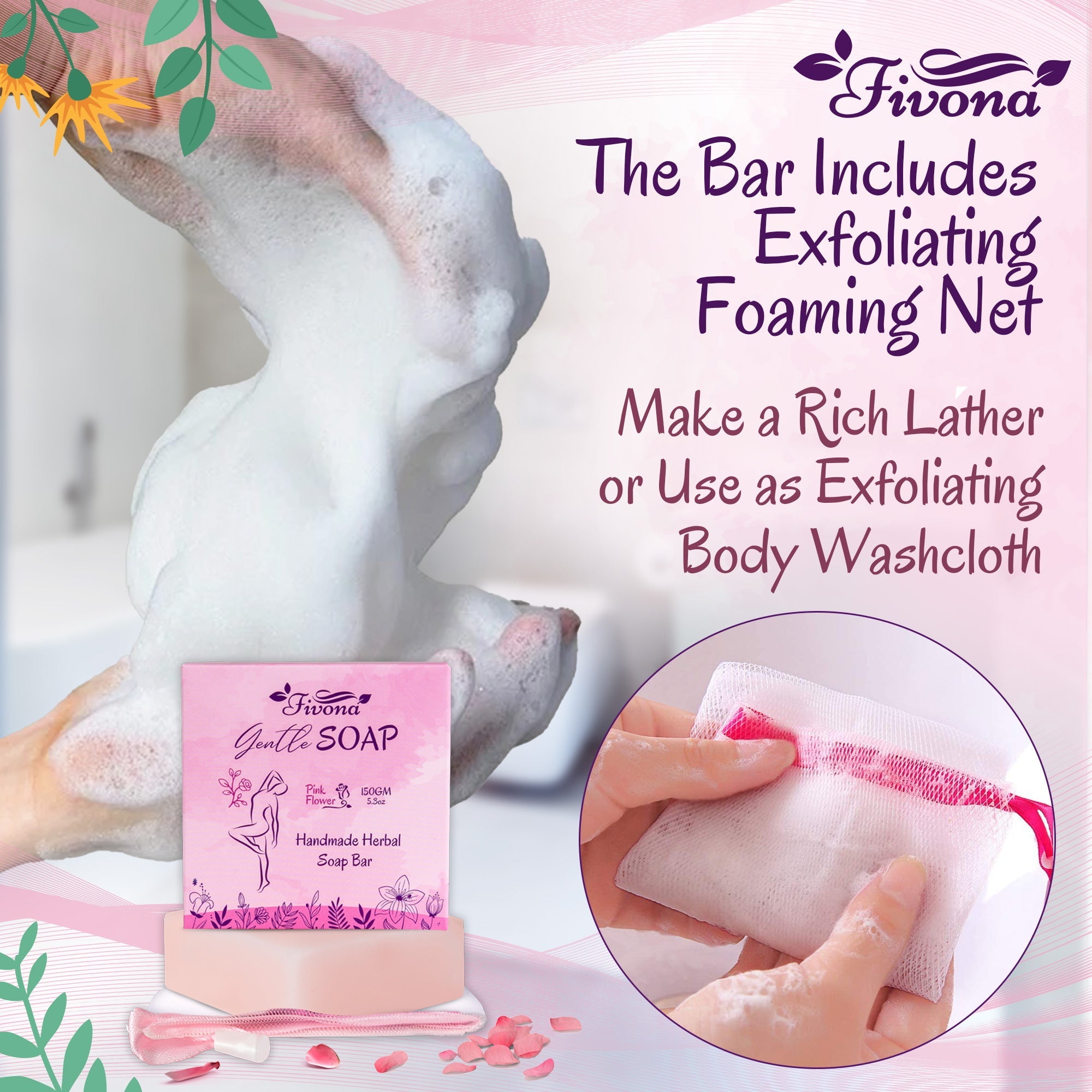 Fivona.com 2-in-1 Yoni Oil and Soap Bar set, natural feminine care products with soothing ingredients, displayed together.