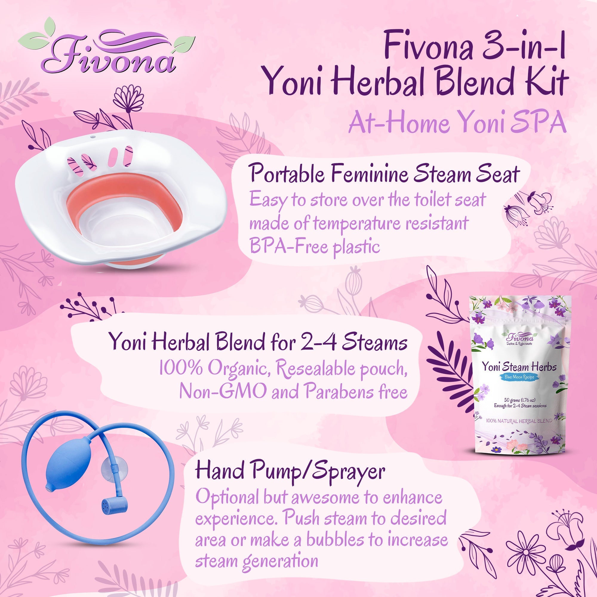 3-in-1 Yoni Steaming Kit by Fivona.com with herbal blends and steaming bowl for natural feminine wellness.
