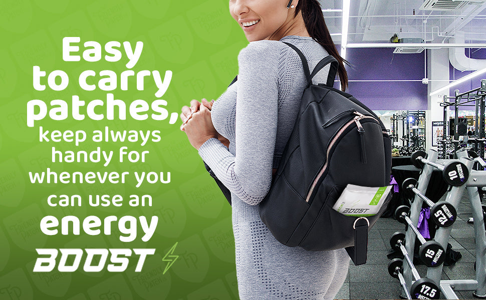 Friendly Patch Co Boost Energy patches with caffeine, guarana, and green tea for sustained energy, shown in a 28-pack blister.
