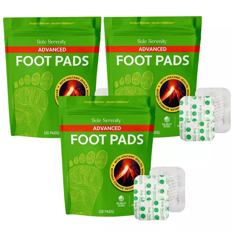 Three Lure Essentials Advanced Zeolite Detox Foot Pads displayed in a bundle, showing the natural adhesive side and packaging.