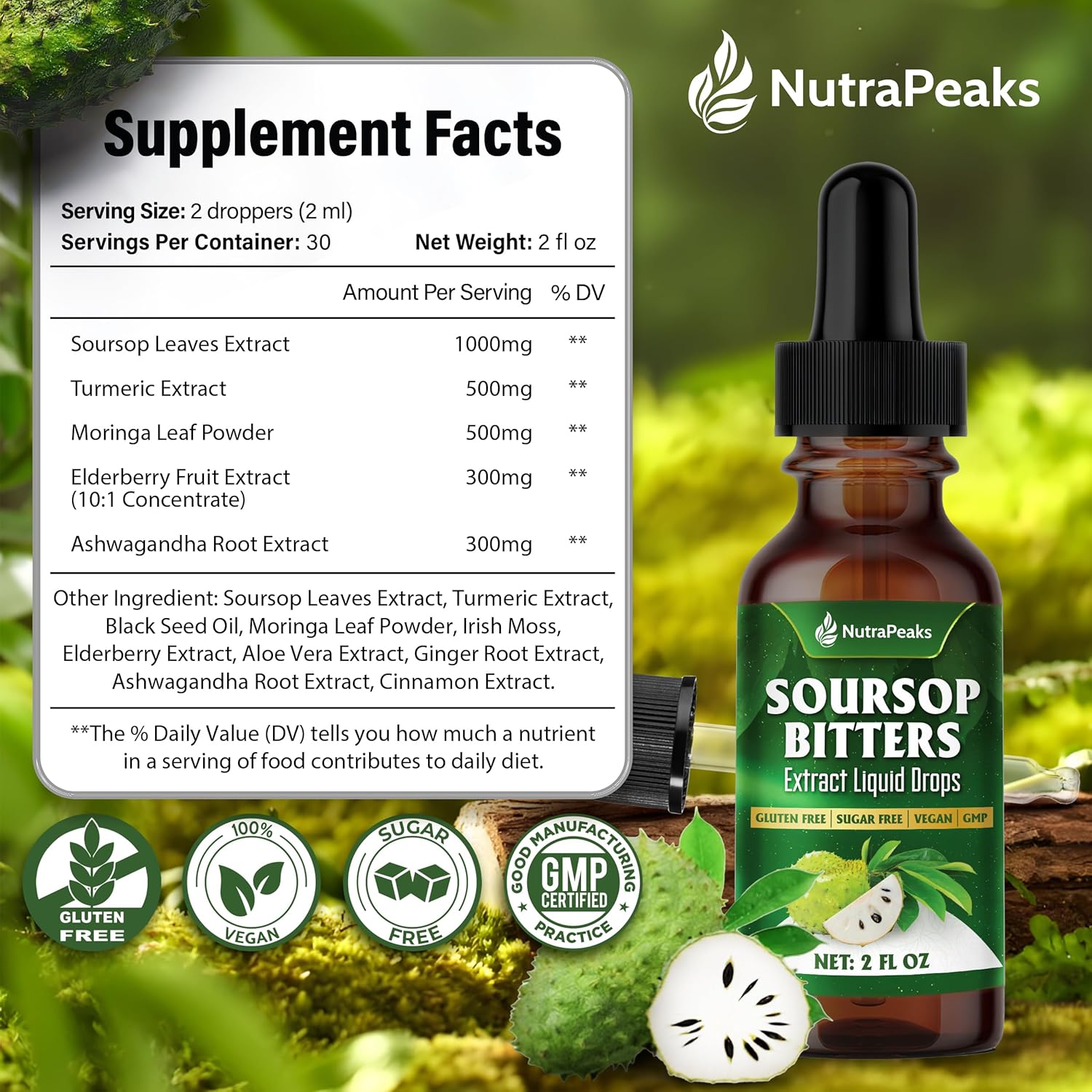 Soursop Herbal Liquid Drops by FreshDrinkUS, botanical herbal supplement in 2 fl oz bottle, natural herbal remedy for wellness.