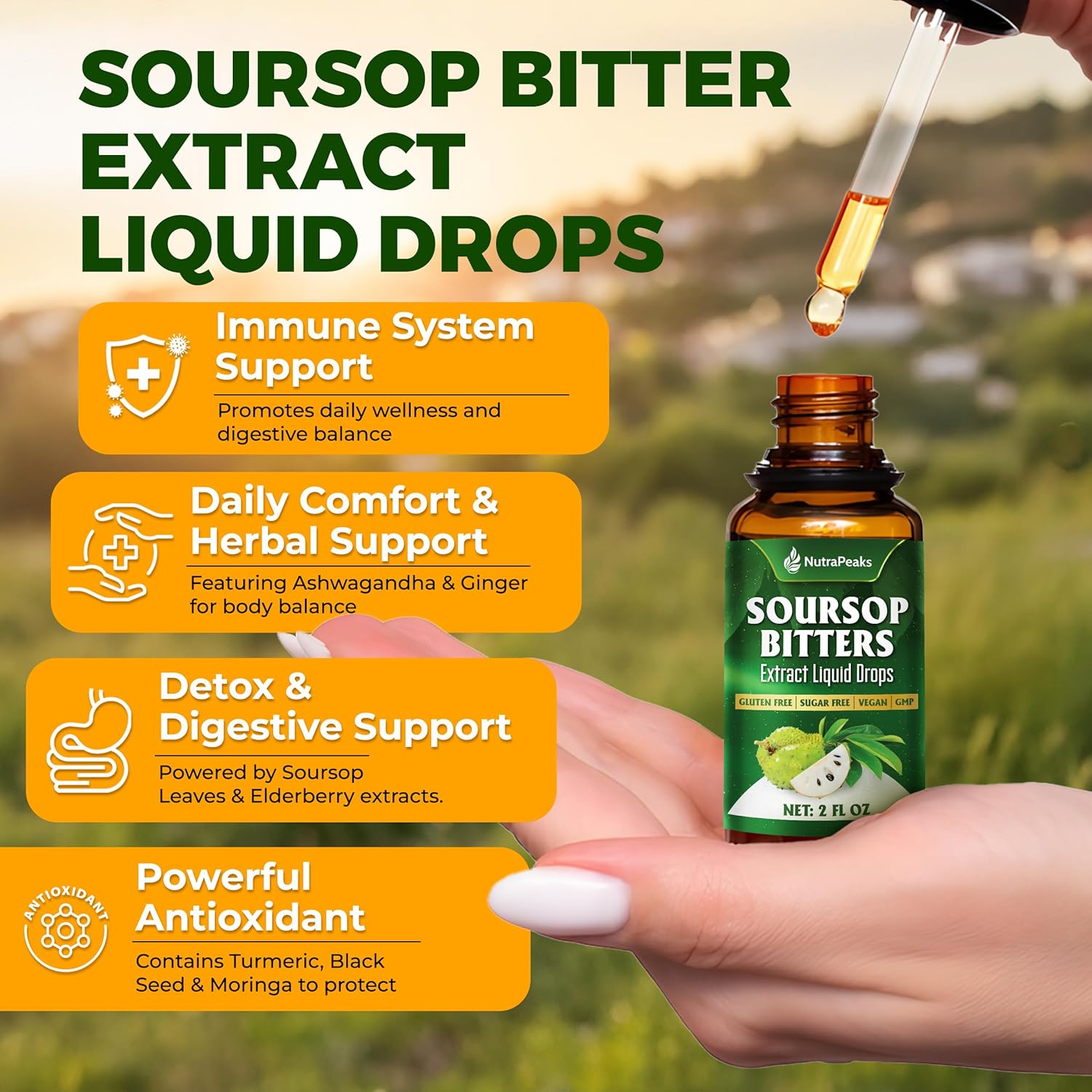 Soursop herbal liquid drops by FreshDrinkUS in a 2 fl oz bottle, part of their premium botanical herbal supplement collection.