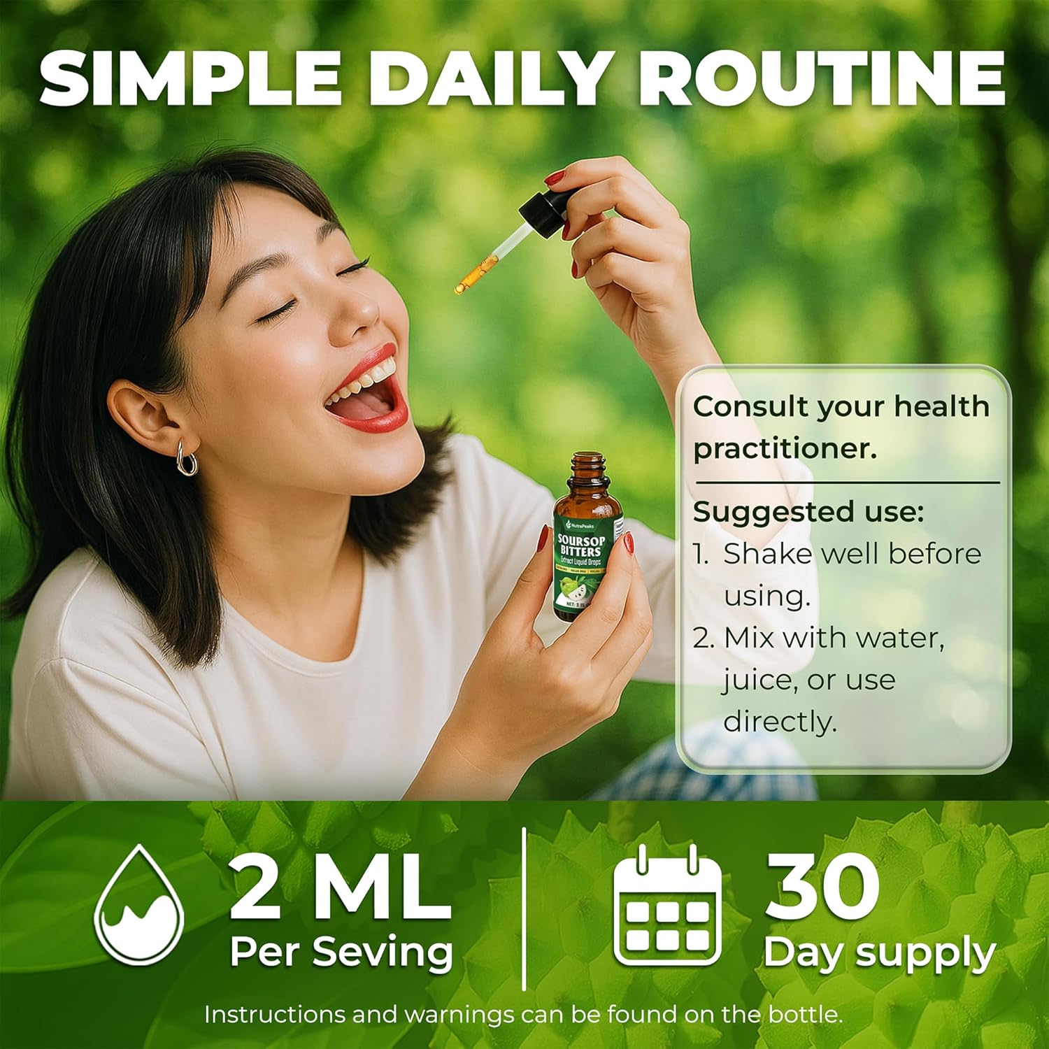 Soursop Herbal Liquid Drops by FreshDrinkUS, 2 fl oz, herbal supplement with natural botanical blend in a dropper bottle.