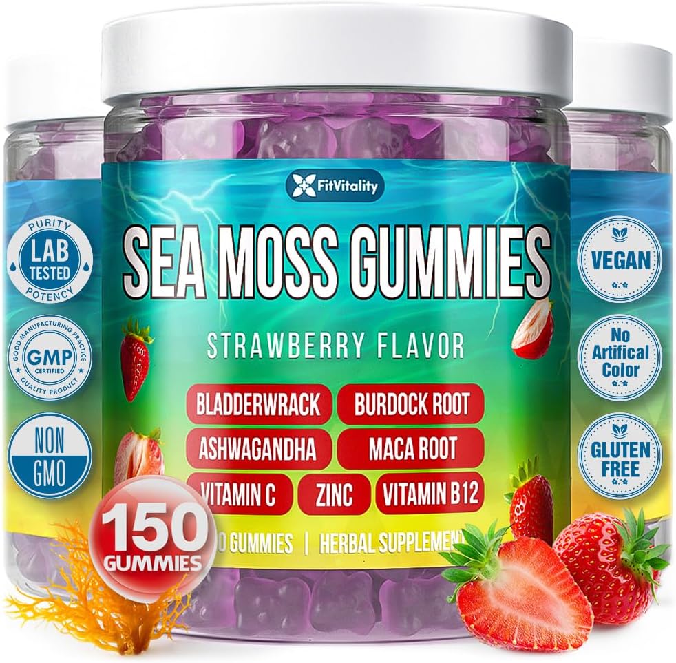 9-in-1 Sea Moss Gummies by FreshDrinkUS, vegan strawberry-flavored herbal supplement with 60 superfood gummies.