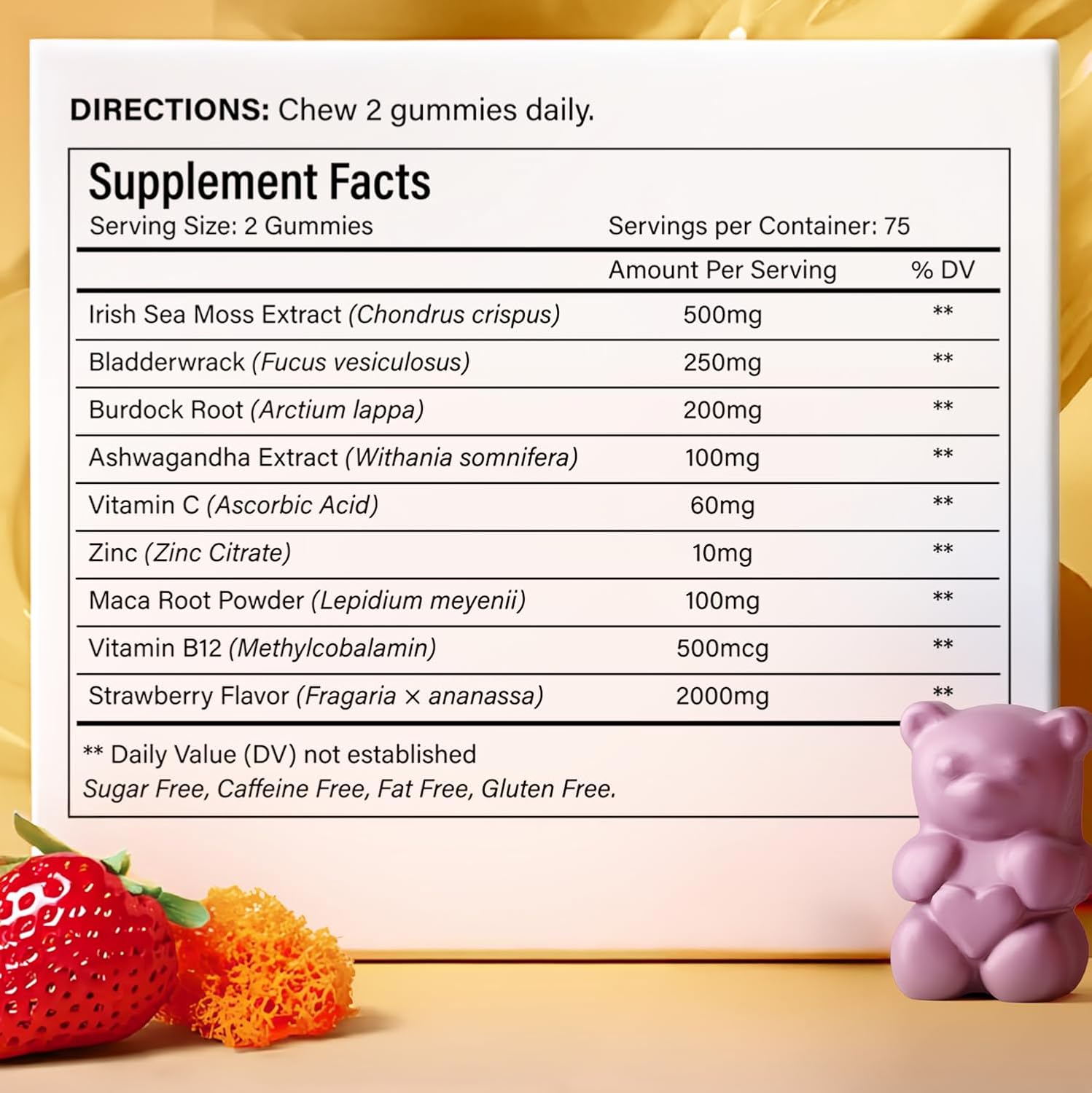 9-in-1 Sea Moss Gummies by FreshDrinkUS, strawberry flavor vegan herbal supplement with 60 gummies for immune support and superfood benefits.