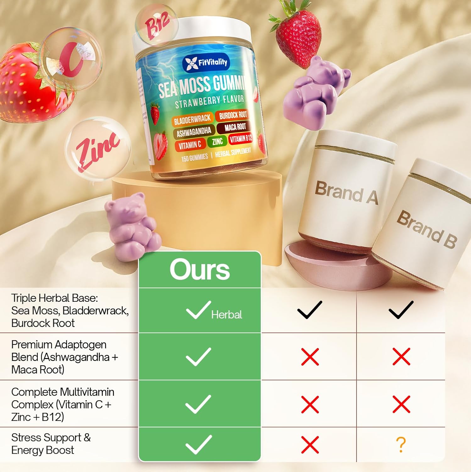 Strawberry-flavored 9-in-1 Sea Moss Gummies from FreshDrinkUS, vegan herbal supplement with 60 gummies in natural packaging.