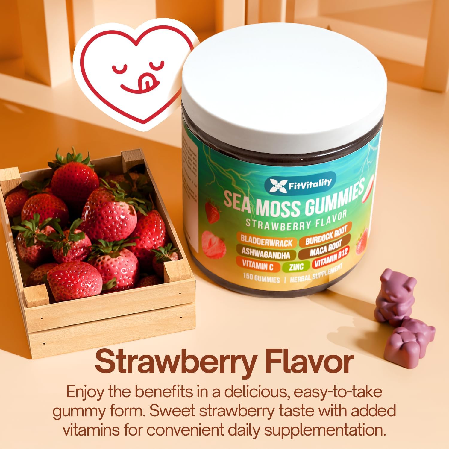 9-in-1 Sea Moss Gummies by FreshDrinkUS, vegan strawberry-flavored herbal supplement with 60 superfood gummies.
