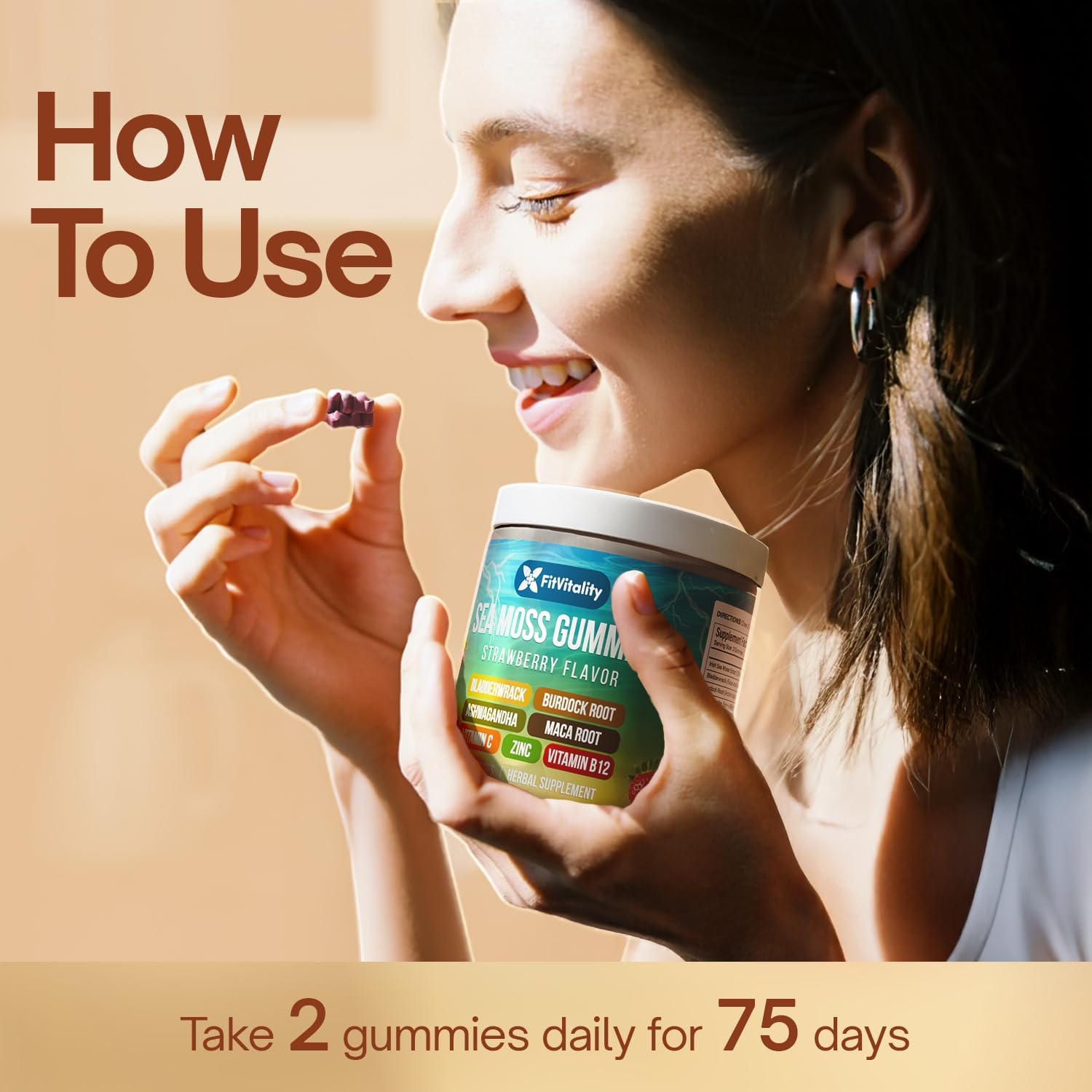 9-in-1 Sea Moss Gummies by FreshDrinkUS, vegan strawberry-flavored herbal supplement with 60 superfood gummies.