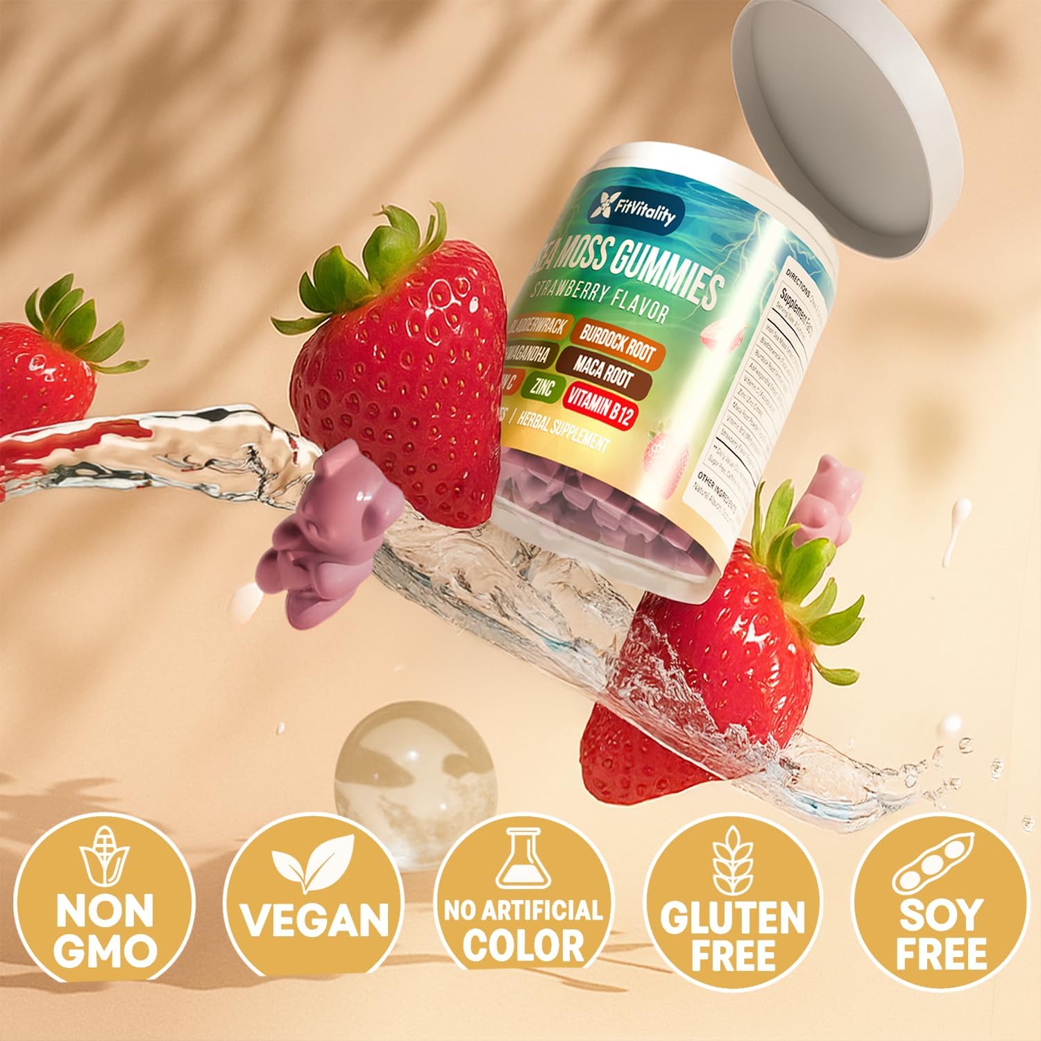 Strawberry-flavored 9-in-1 Sea Moss Gummies by FreshDrinkUS, vegan herbal supplement with 60 gummies in a natural superfood formula.
