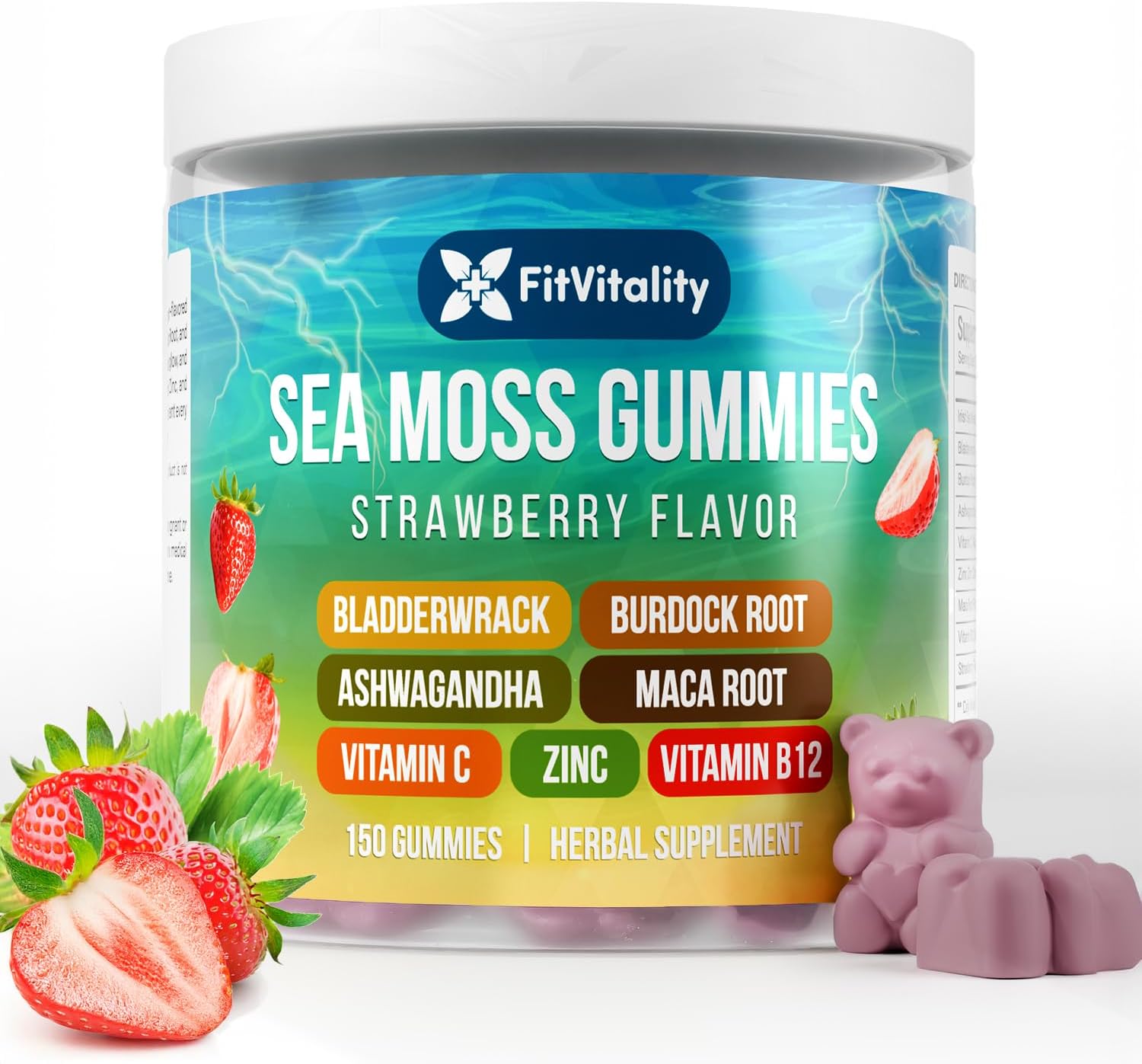 9-in-1 Sea Moss Gummies by FreshDrinkUS, vegan strawberry-flavored herbal supplement in a clear jar with 60 gummies.