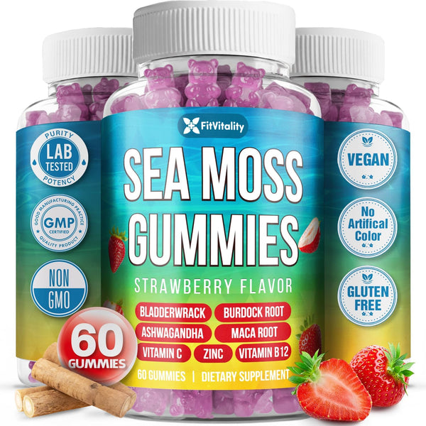 FreshDrinkUS 9-in-1 Sea Moss Gummies in strawberry flavor, vegan herbal supplement with 60 gummies, natural superfood for wellness.