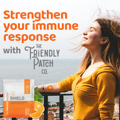 Shield Wellness Patches by Friendly Patch Co, 28-pack of immunity and wellness patches on a white background.