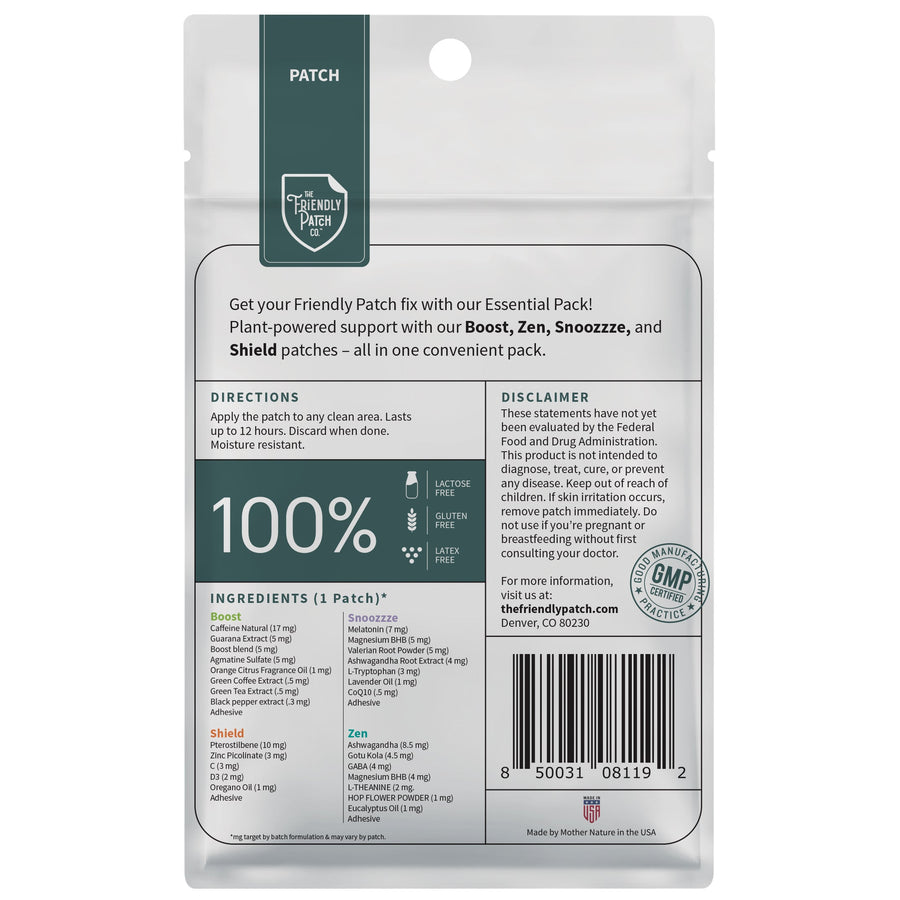 Friendly Patch Co Essentials Vitamin Patches for energy, sleep, stress, and immunity; wearable skin supplement packs.