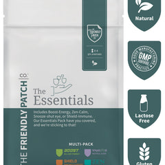 Friendly Patch Co Essentials Vitamin Patches for energy, sleep, stress, and immunity, shown in an 8-pack of wearable skin supplement patches.