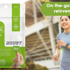 Friendly Patch Co Boost Energy patches with green tea, guarana, and caffeine, shown as 8 wearable skin supplement patches.