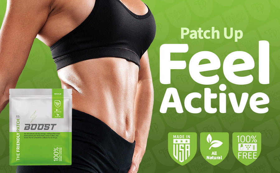 Friendly Patch Co Boost Energy Patches with caffeine, guarana, and green tea for sustained transdermal energy, 28-pack.