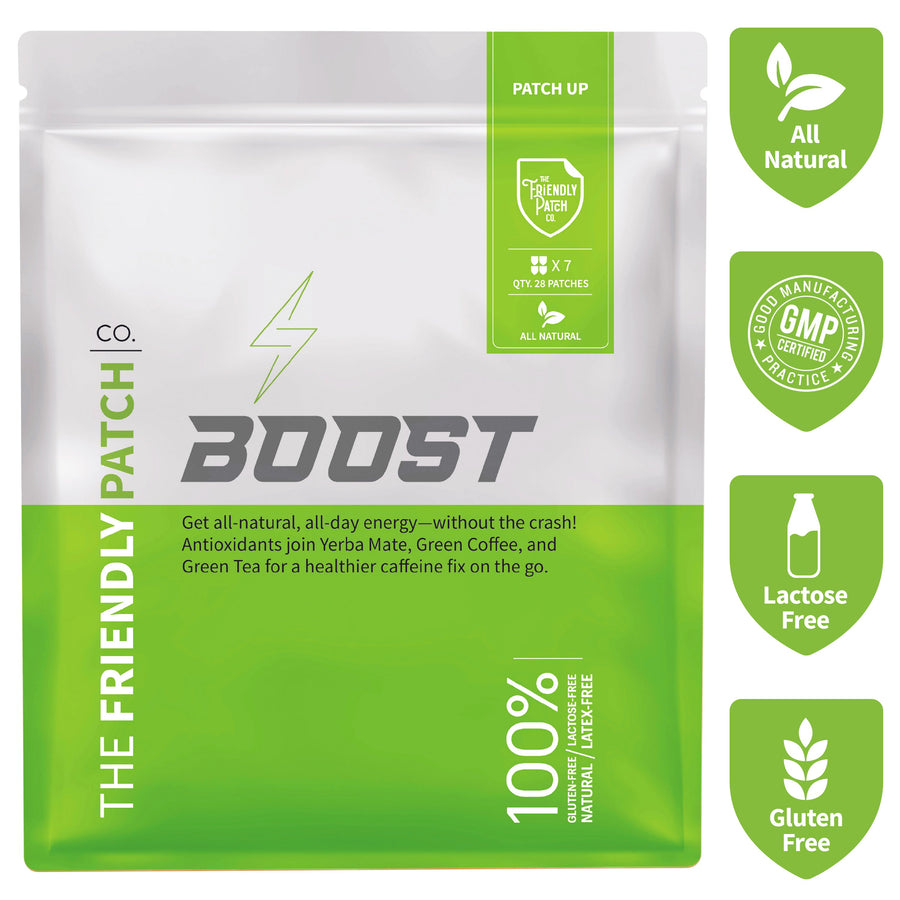 Friendly Patch Co Boost Energy patches, caffeine, guarana, green tea transdermal wearable skin supplement, 28-pack, compact size.