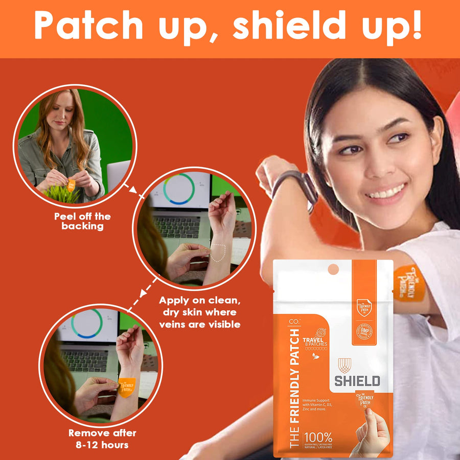 Set of 8 Shield Wellness high-potency immunity patches from Friendly Patch Co, wearable skin supplement for immune support.