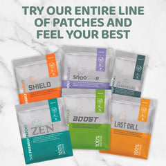 Set of 8 Zen Relax & Let Go wearable skin patches by Friendly Patch Co for stress relief and calming travel support.