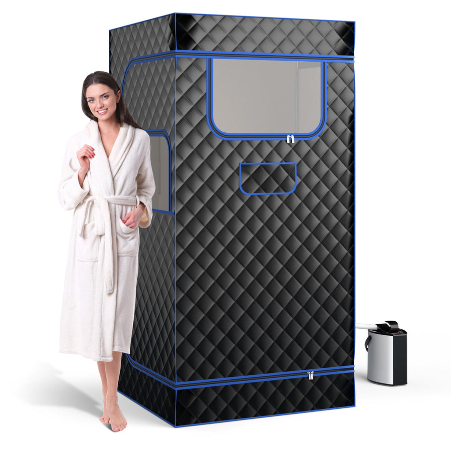 Black portable steam sauna with 3L steam generator, remote control, wood foot massager, and foldable chair for home use.